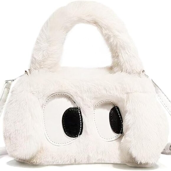 Handbags - White Plush Faux Fur Big Eyes Crossbody Bag with Adjustable Leather Strap